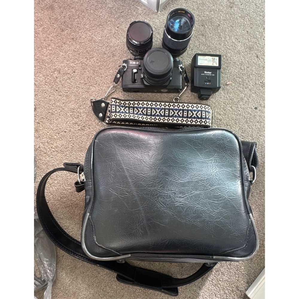 Sears KS-2 35mm Film SLR Camera w/ Sears 50mm f1.7 35mm 28mm Lens Flash‎ Bag EUC